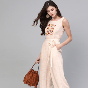 Women Off-White & Beige Printed Basic Jumpsuit